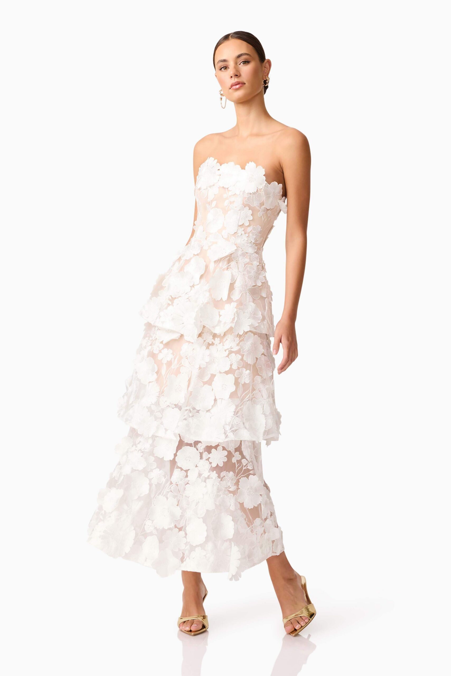 SELENE 3D FLOWER TIERED WHITE MAXI DRESS