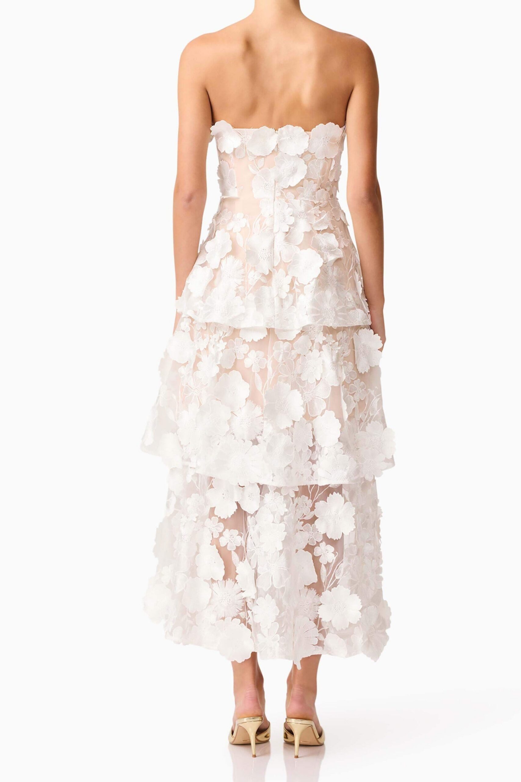 SELENE 3D FLOWER TIERED WHITE MAXI DRESS