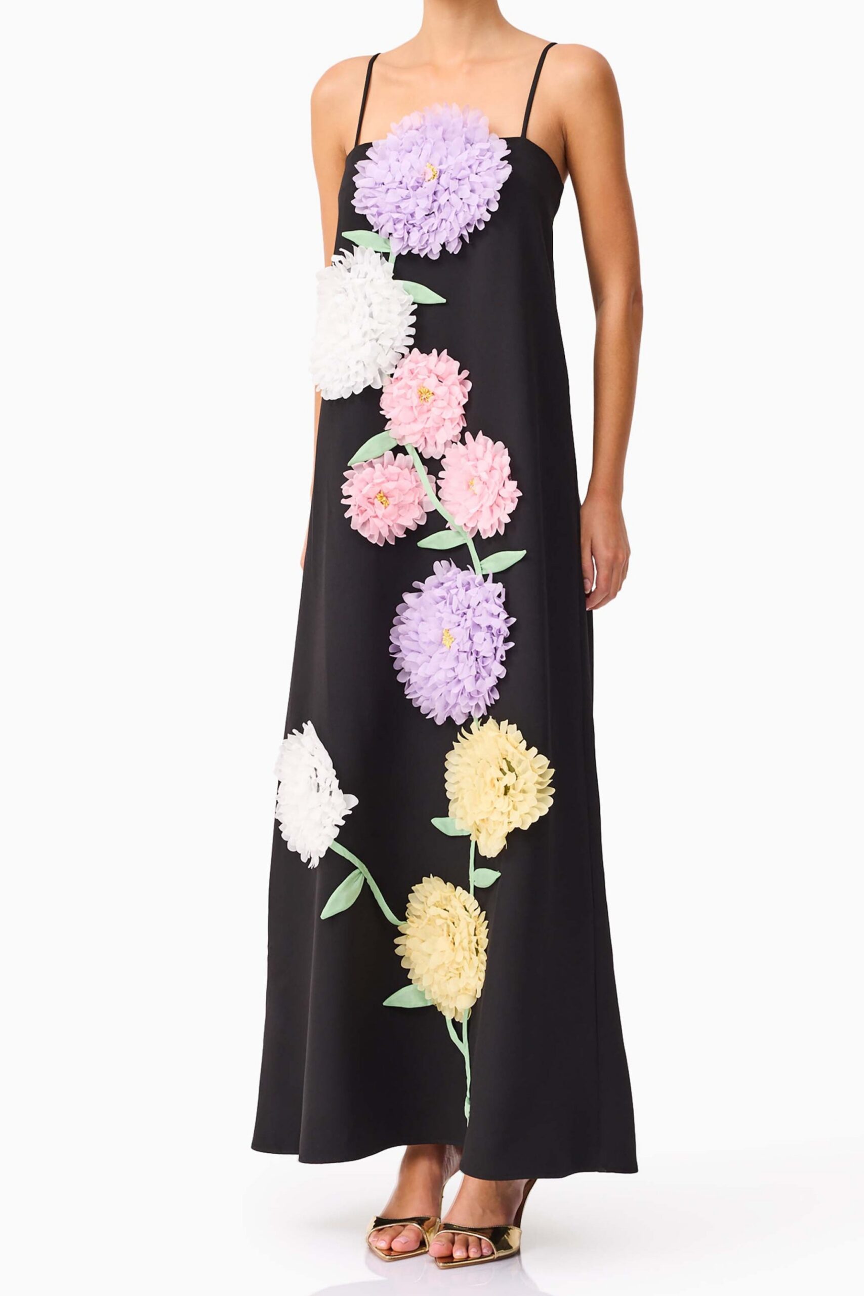 KRISTIN BUTTERCUP EMBROIDERED BLACK MAXI DRESS