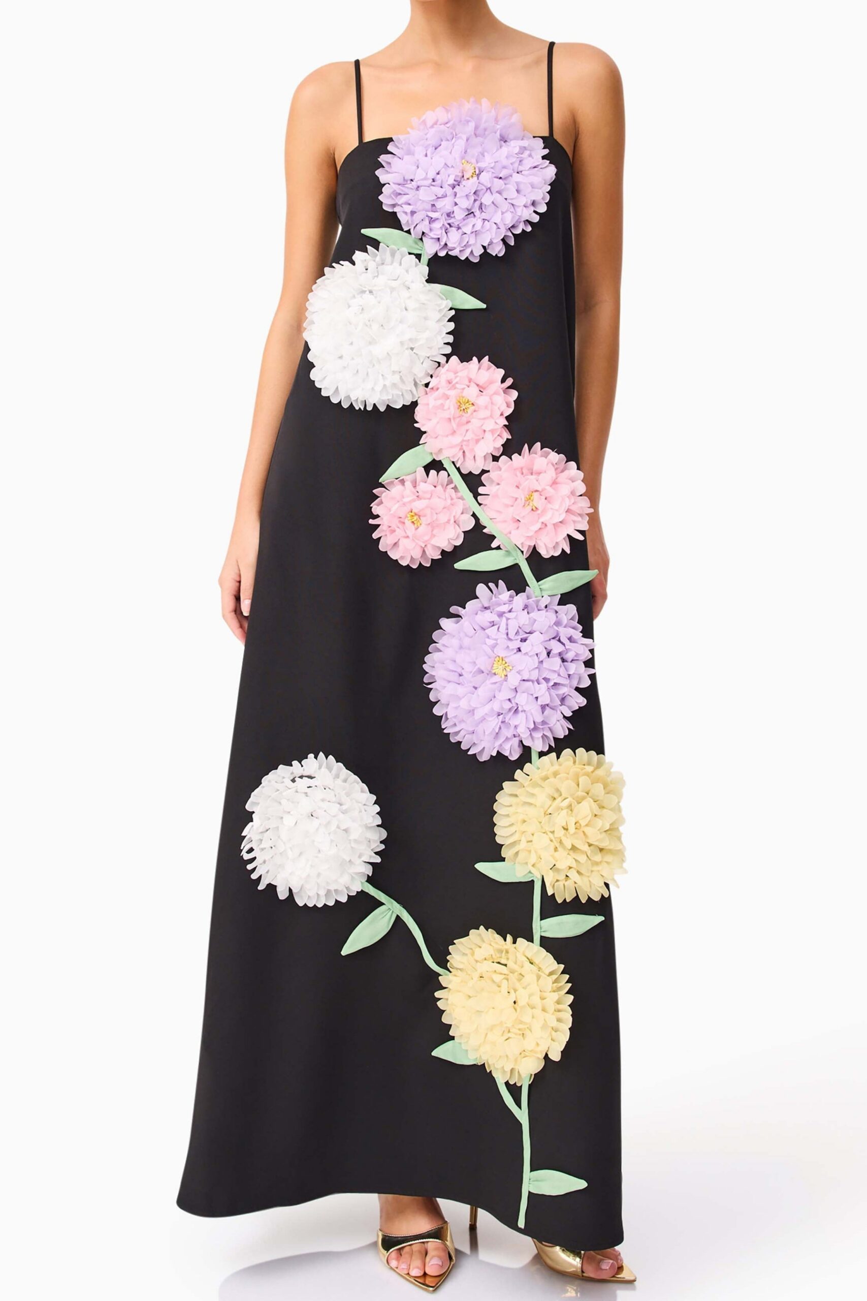 KRISTIN BUTTERCUP EMBROIDERED BLACK MAXI DRESS
