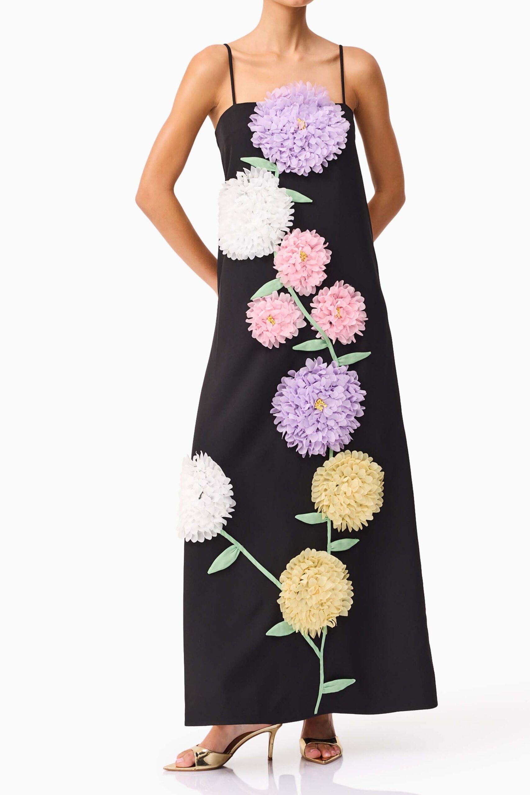 KRISTIN BUTTERCUP EMBROIDERED BLACK MAXI DRESS