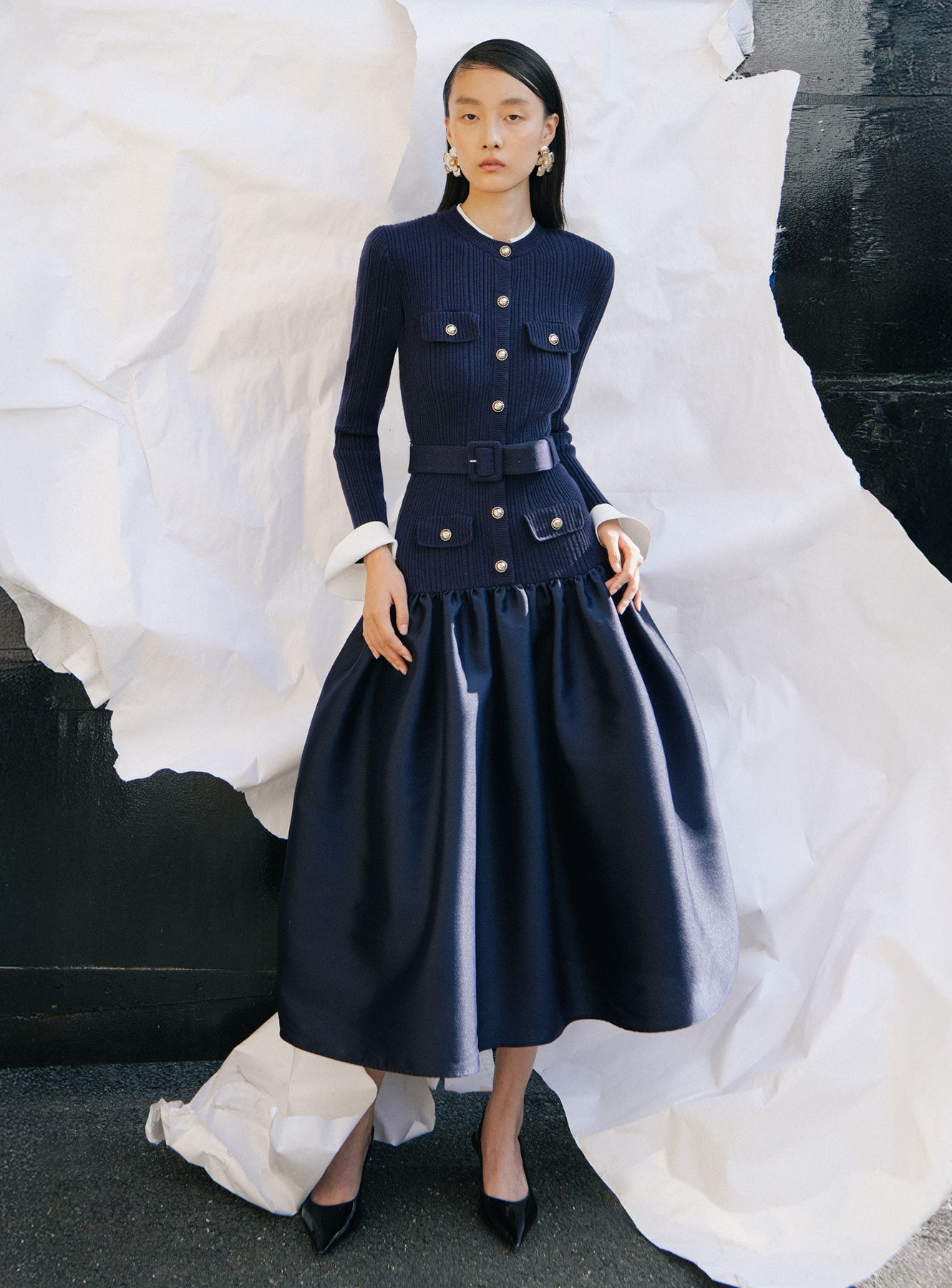JANE NAVY TAFFETA MIDI DRESS FOR EVENING