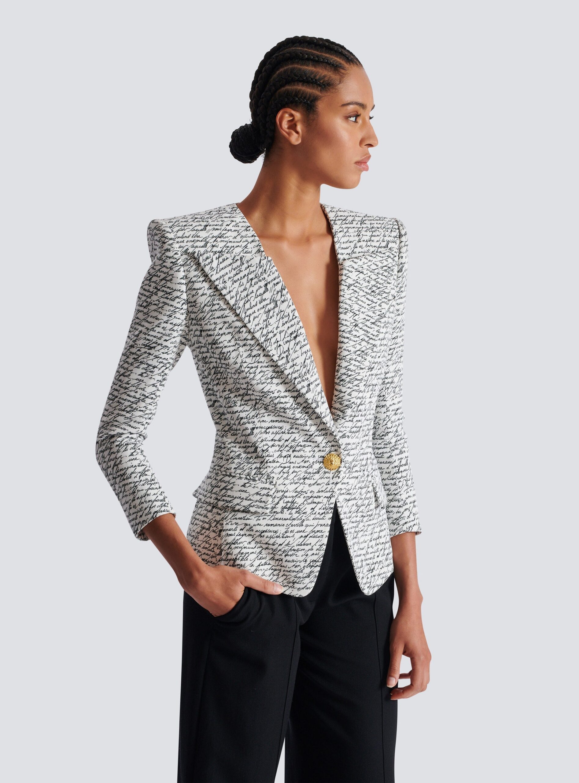 ALPHABET PRINT BLAZER, SINGLE BUTTON, WHITE, CASUAL