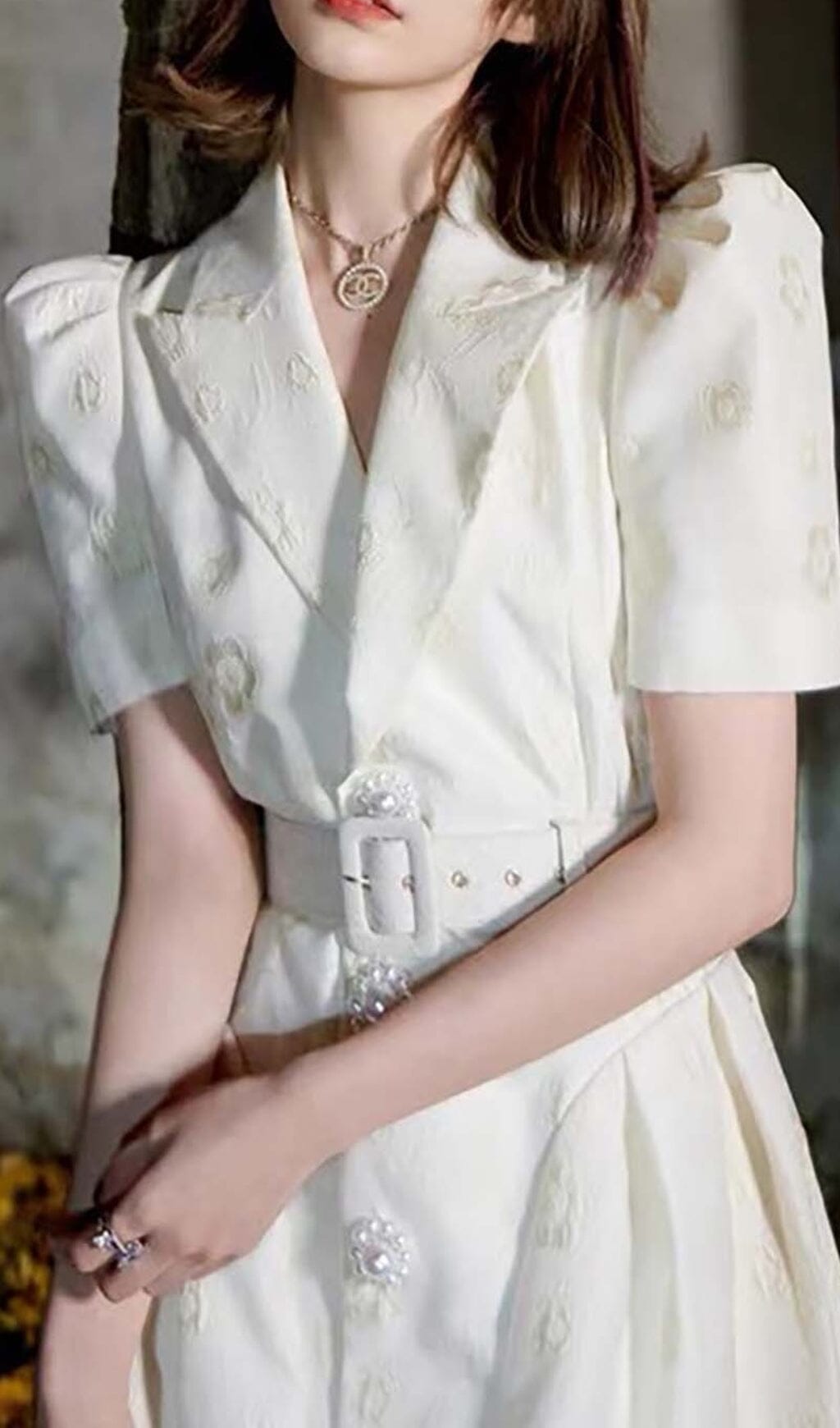 EMBROIDERED WHITE JACKET DRESS FOR WEDDING GUEST