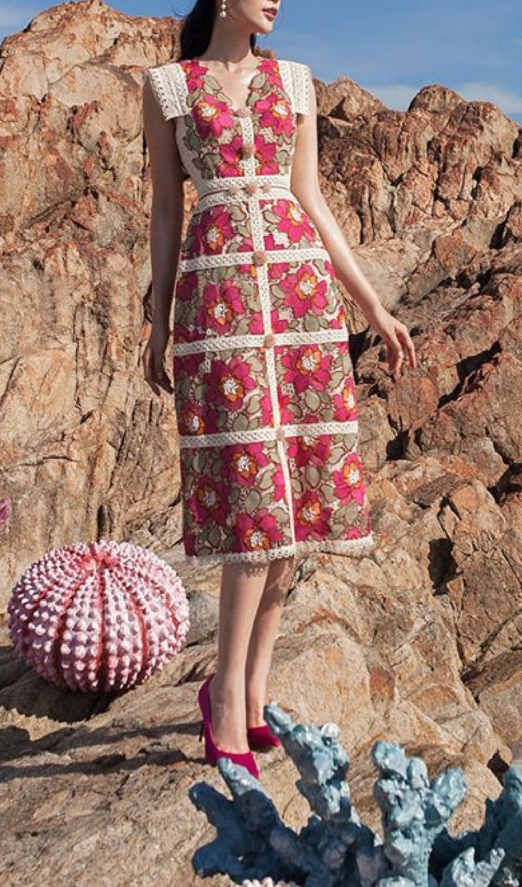 RED EMBROIDERED FLOWER MIDI DRESS FOR PARTY