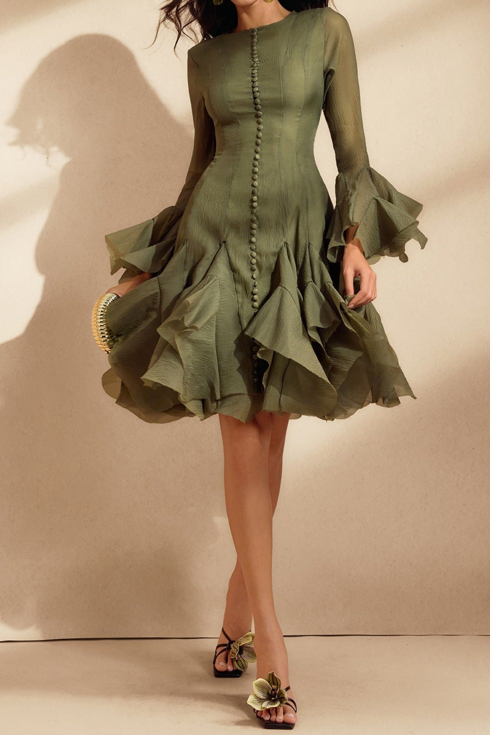 Edsel_Flare_Sleeve_Button_Mini_Dress_In_Green_6 XANTHE GREEN FLARE SLEEVE MINI DRESS