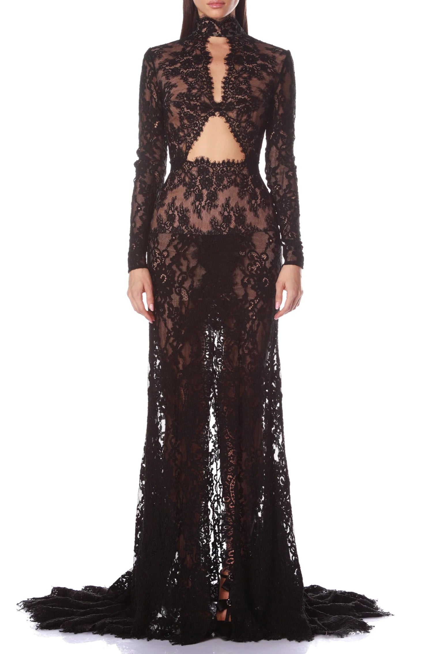 EleanorBlackLaceGownFront JUSELIUS LACE CUTOUT MAXI DRESS, BLACK