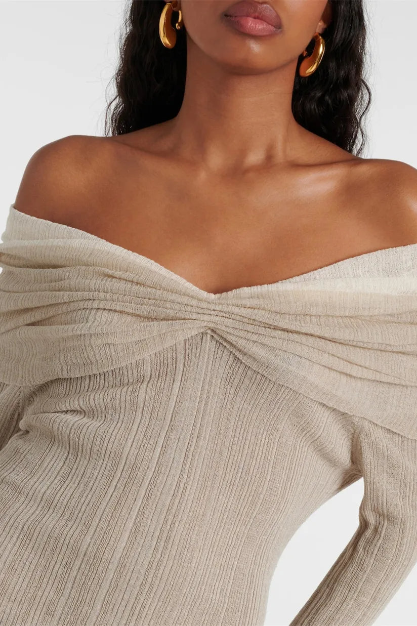 ELMA OFF-SHOULDER FLARED KNIT MINI DRESS