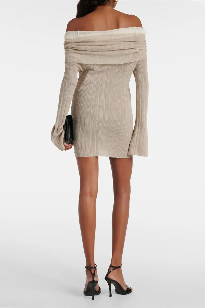 ELMA OFF-SHOULDER FLARED KNIT MINI DRESS