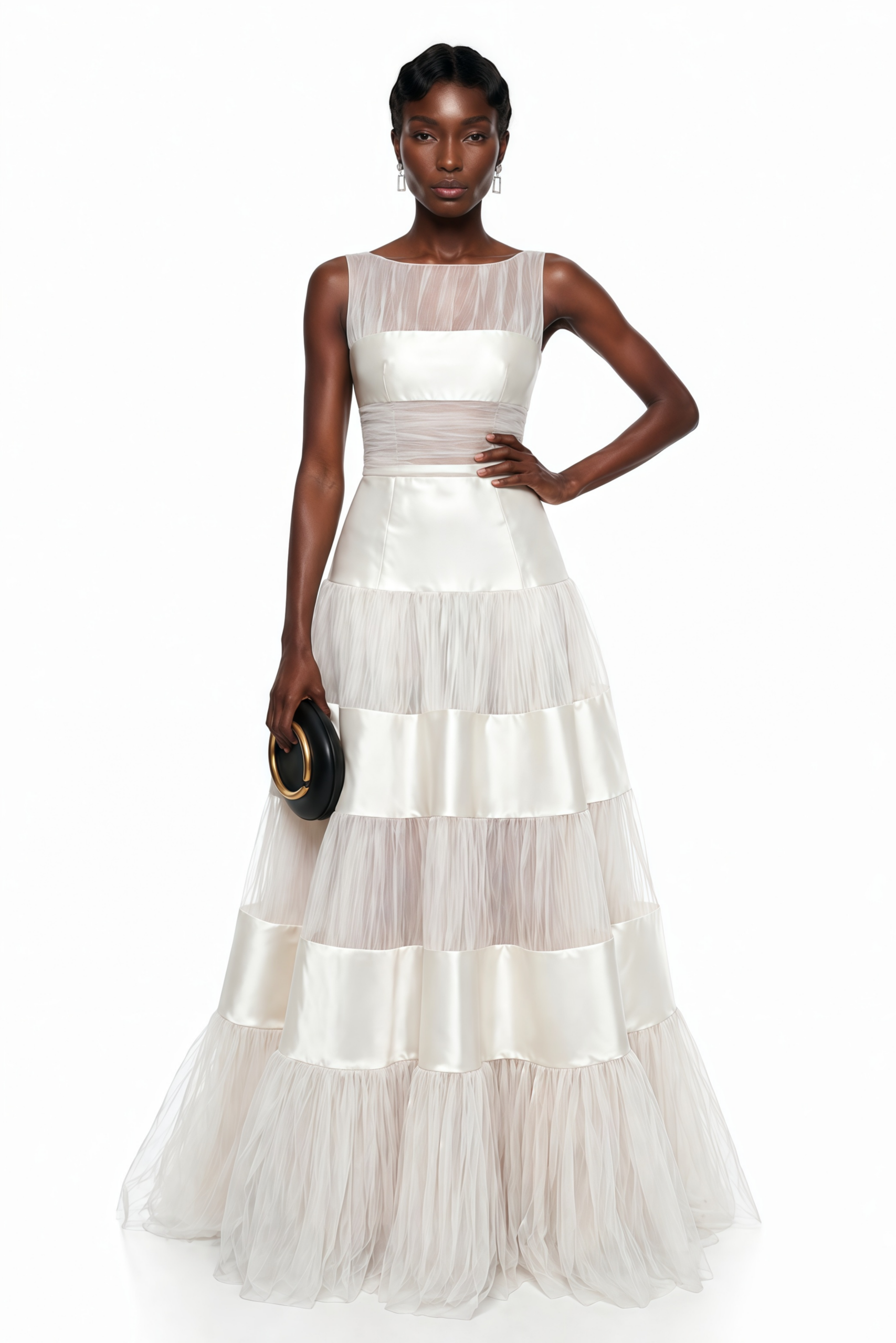 SABRINA WHITE MESH PANEL MAXI DRESS SATIN STRIPE