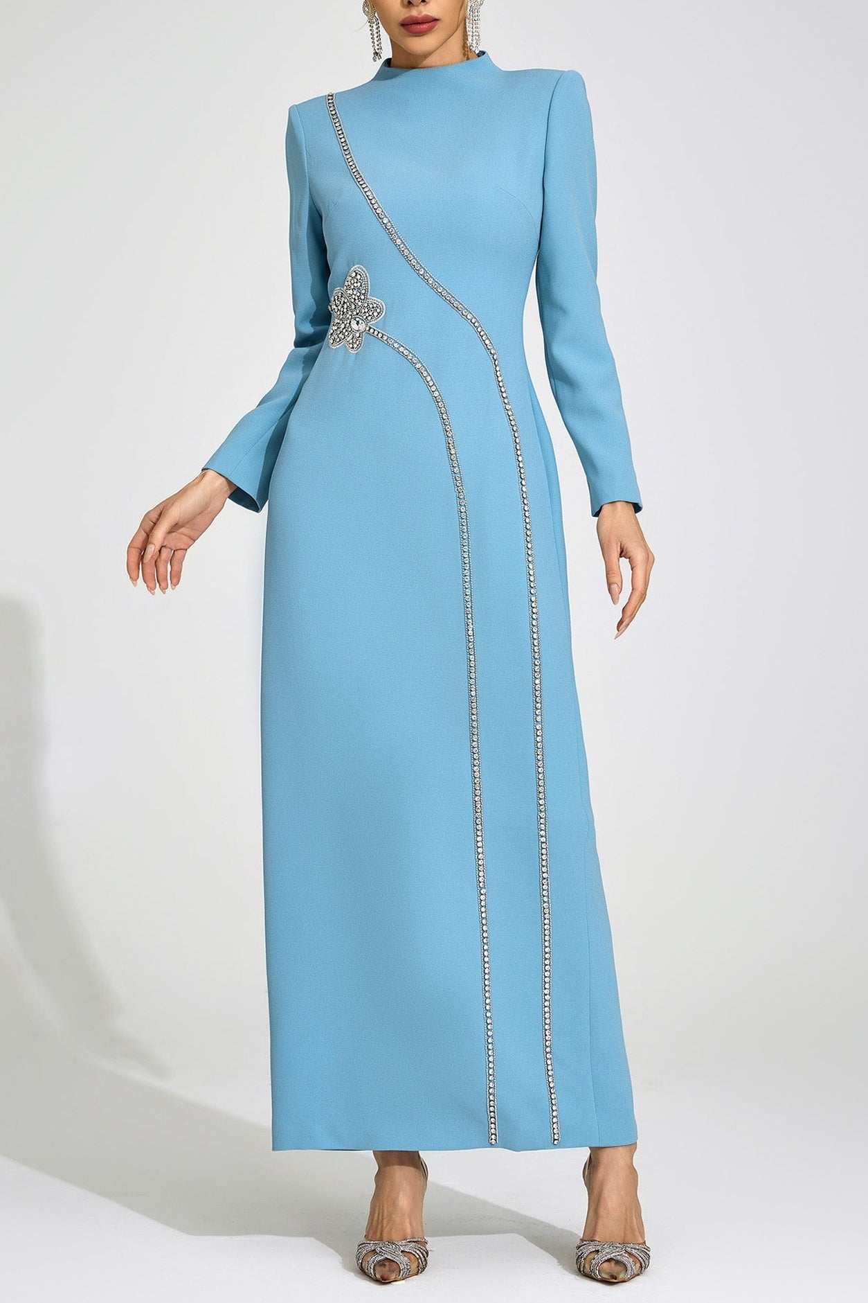 nicola Diamond embellished long sleeve Maxi Dress - blue