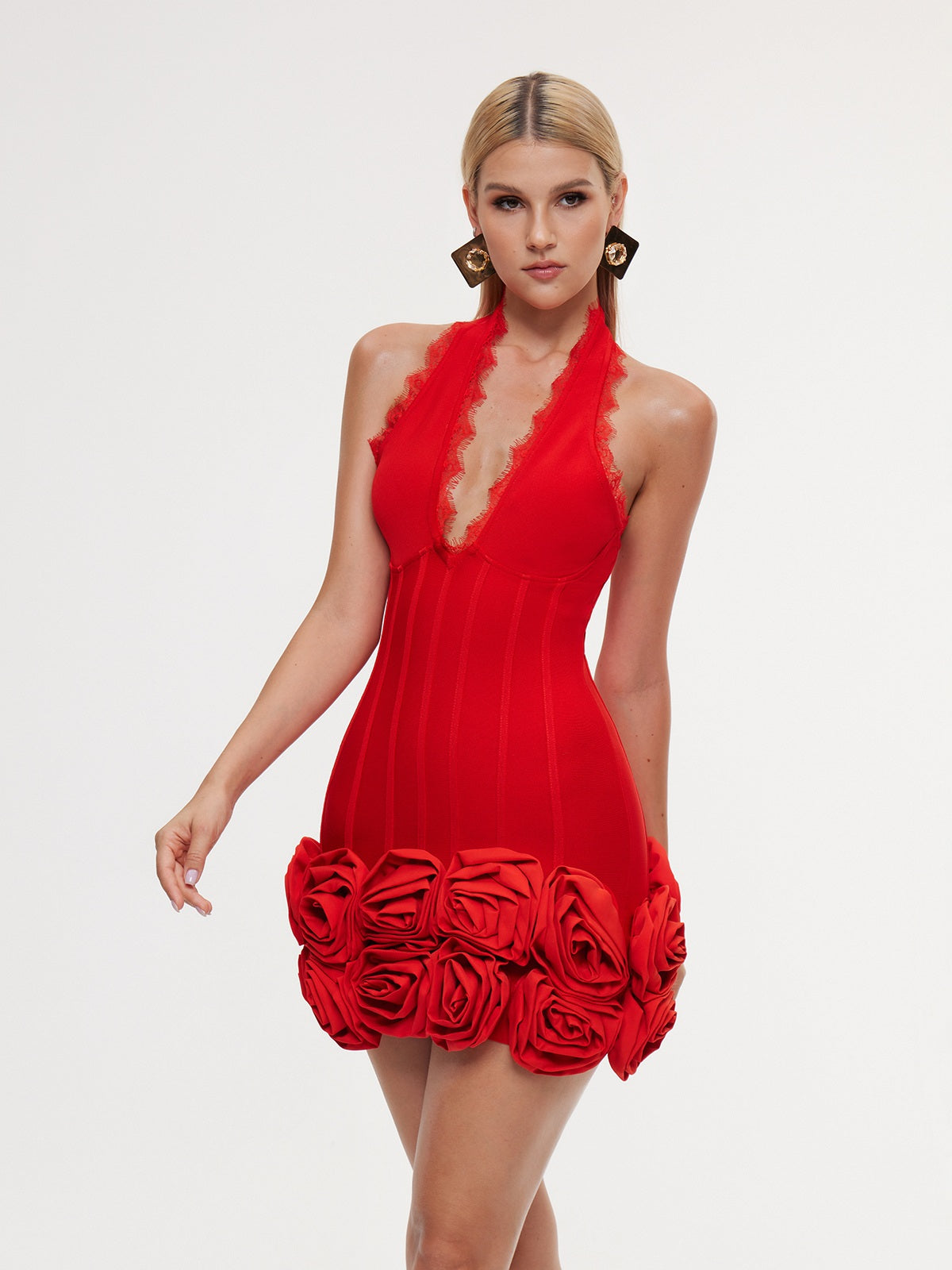 RED HALTER BANDAGE MINI DRESS FOR PARTY
