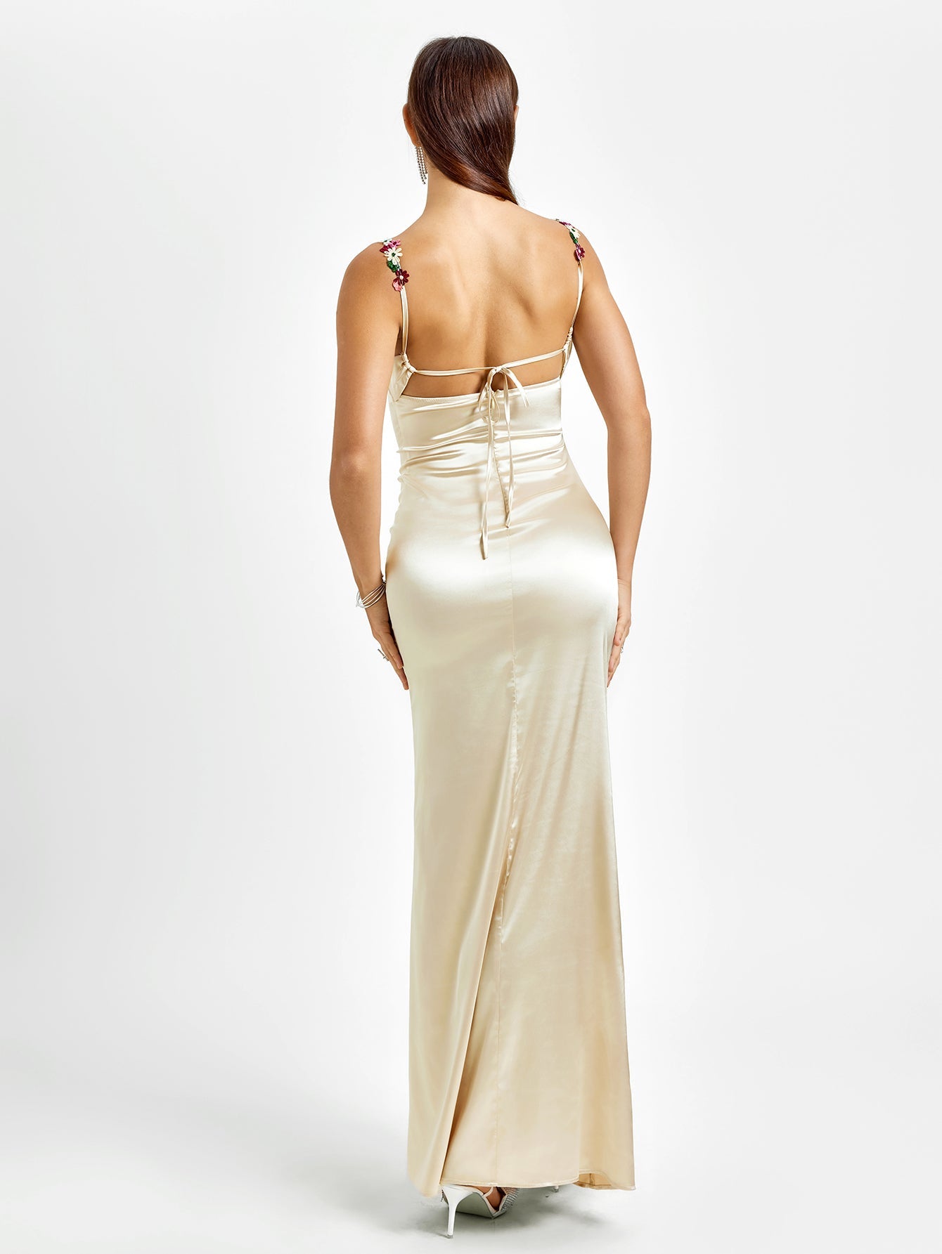 SEQUIN STRAP BACKLESS BODYCON SATIN PARTY DRESS
