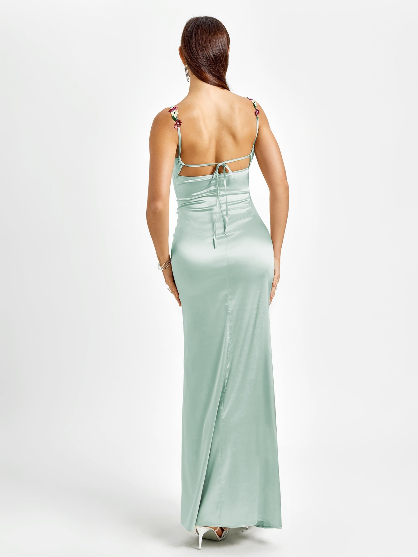 SEQUIN STRAP BACKLESS BODYCON SATIN PARTY DRESS
