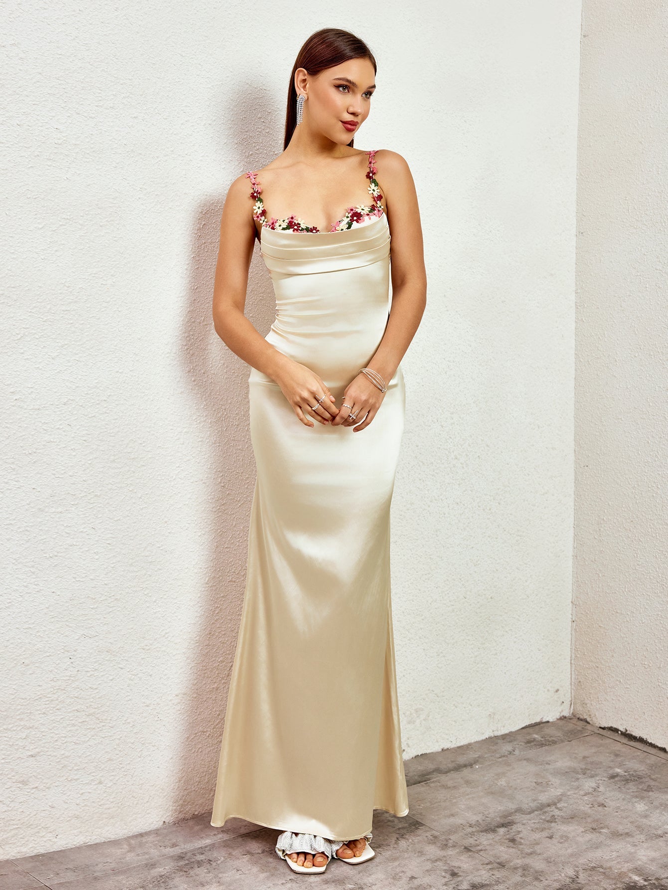 SEQUIN STRAP BACKLESS BODYCON SATIN PARTY DRESS