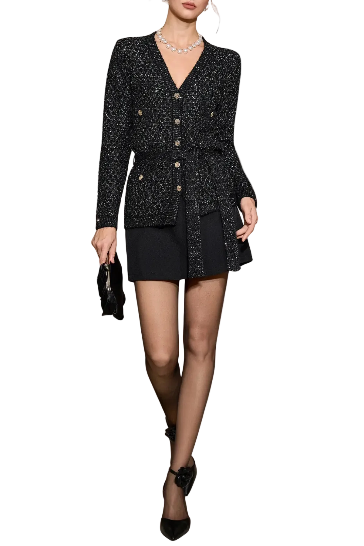 EmiliaSequinEmbellishedCardigan-Black1 SEQUIN EMBELLISHED CARDIGAN - BLACK PARTY TOP