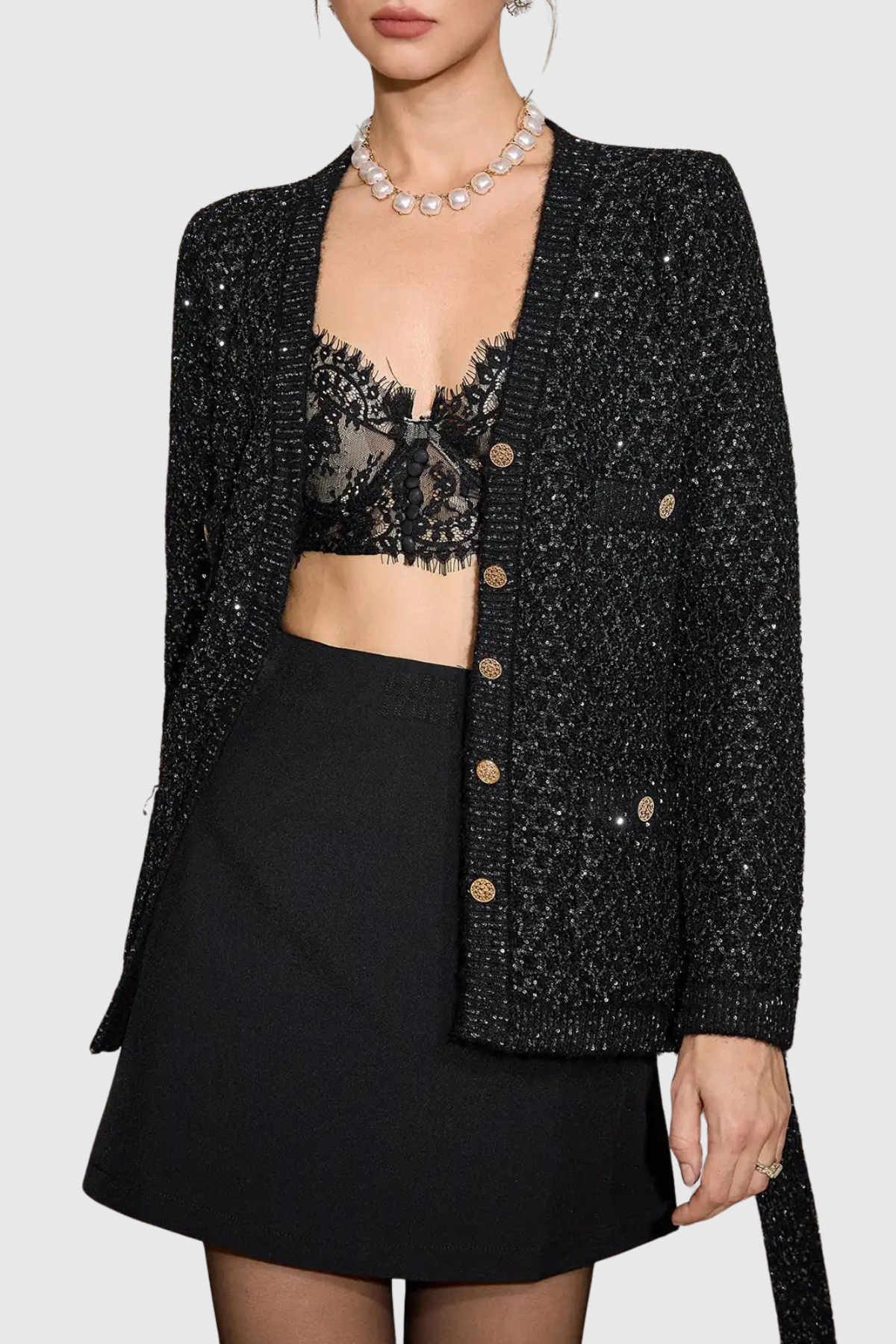 SEQUIN EMBELLISHED CARDIGAN - BLACK PARTY TOP