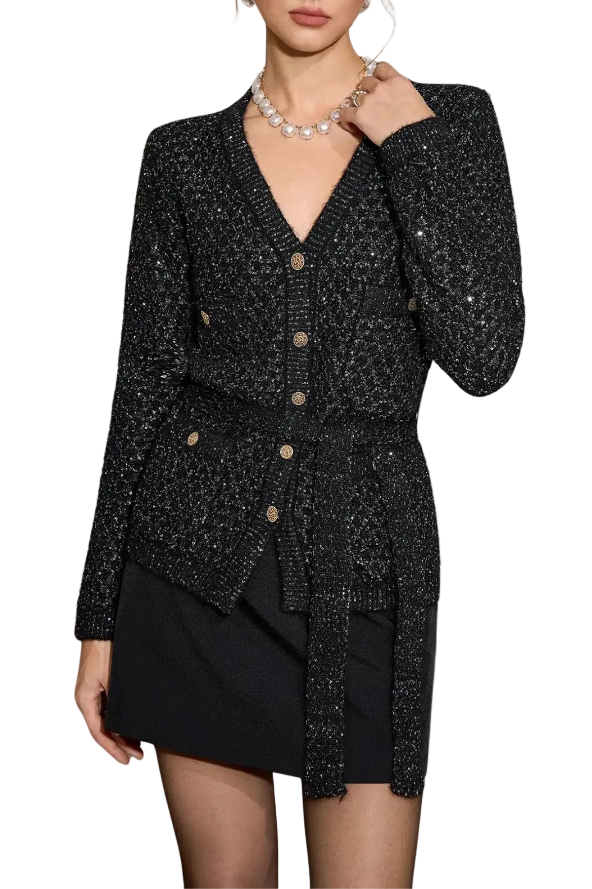 SEQUIN EMBELLISHED CARDIGAN - BLACK PARTY TOP