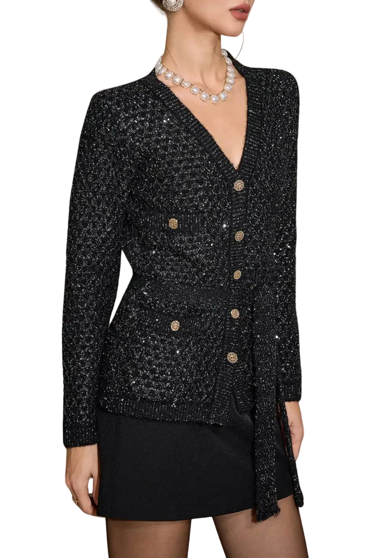SEQUIN EMBELLISHED CARDIGAN - BLACK PARTY TOP