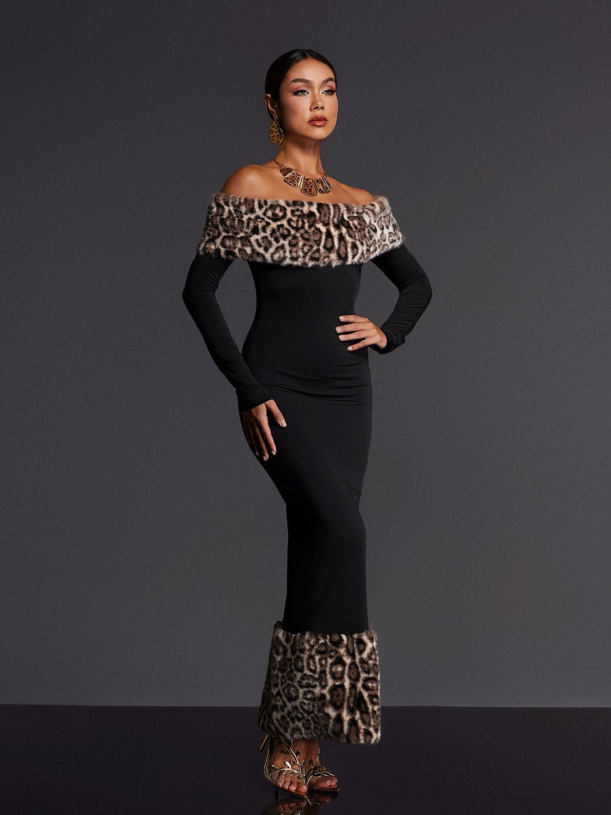 OFF-SHOULDER LEOPARD FUR MAXI DRESS