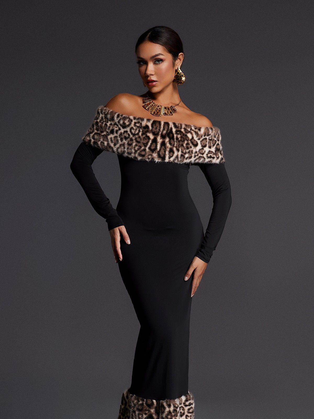 OFF-SHOULDER LEOPARD FUR MAXI DRESS