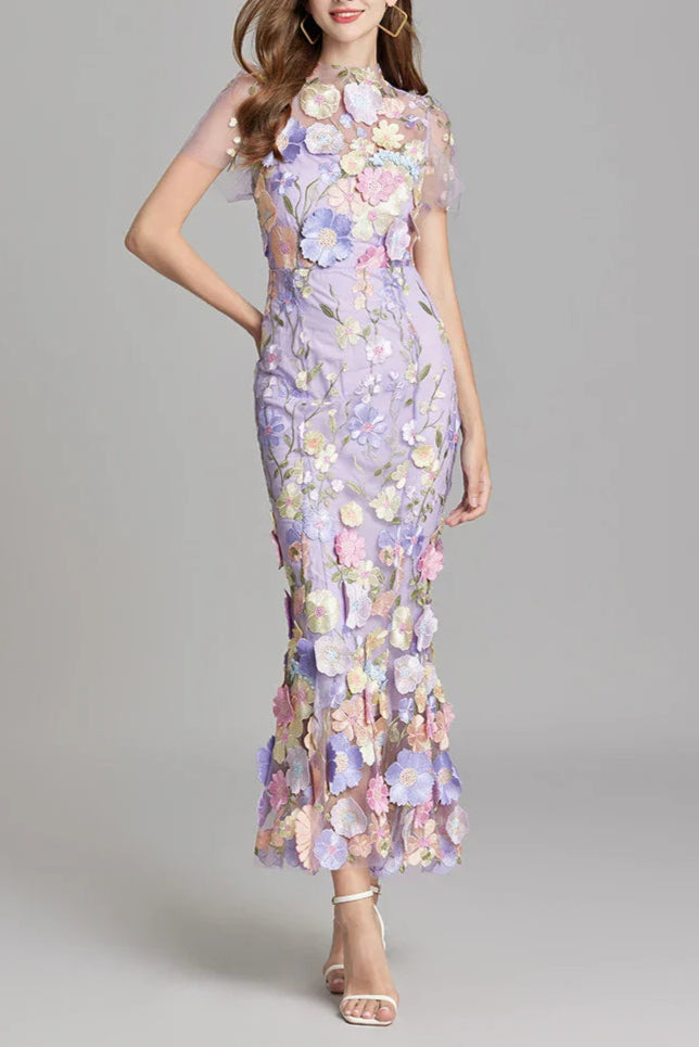FLORAL EMBROIDERY MESH FISHTAIL MIDI DRESS PURPLE