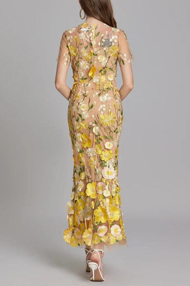 YELLOW FLORAL EMBROIDERY FISHTAIL MIDI DRESS