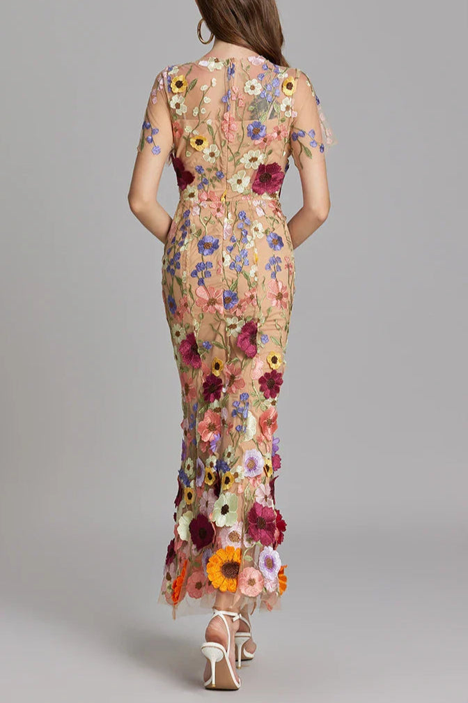 FLORAL EMBROIDERY MESH FISHTAIL MIDI DRESS BROWN