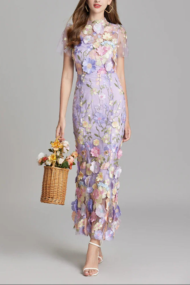FLORAL EMBROIDERY MESH FISHTAIL MIDI DRESS PURPLE