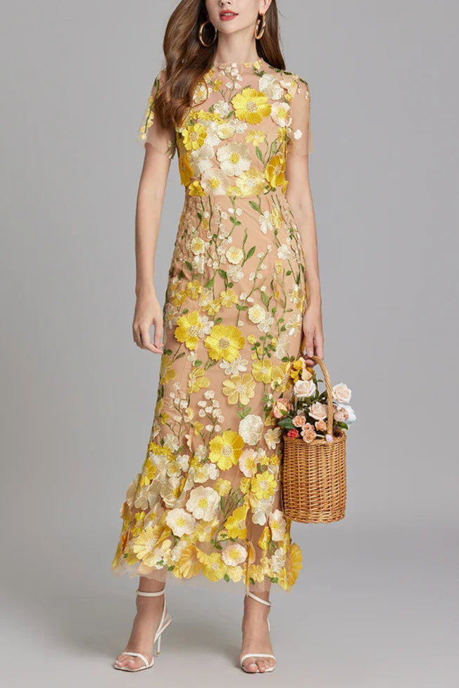 YELLOW FLORAL EMBROIDERY FISHTAIL MIDI DRESS