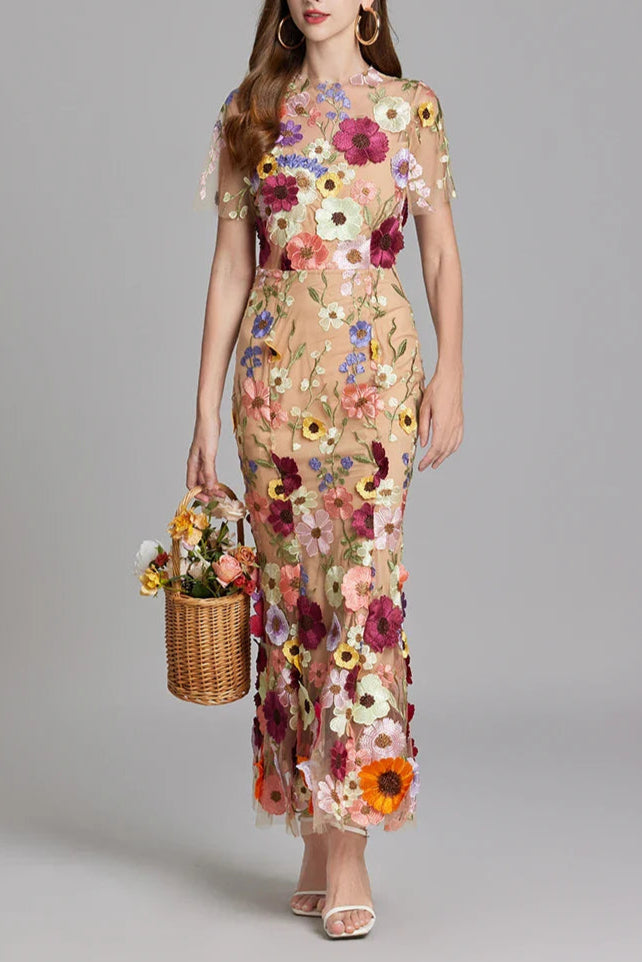 FLORAL EMBROIDERY MESH FISHTAIL MIDI DRESS BROWN