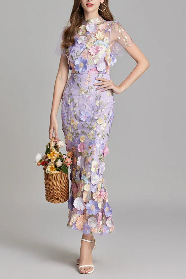 FLORAL EMBROIDERY MESH FISHTAIL MIDI DRESS PURPLE