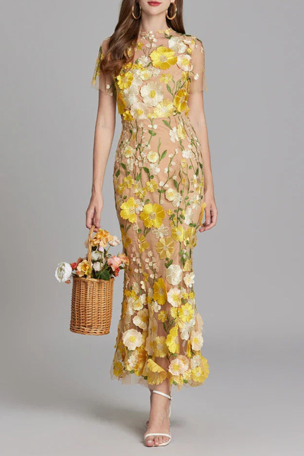 YELLOW FLORAL EMBROIDERY FISHTAIL MIDI DRESS