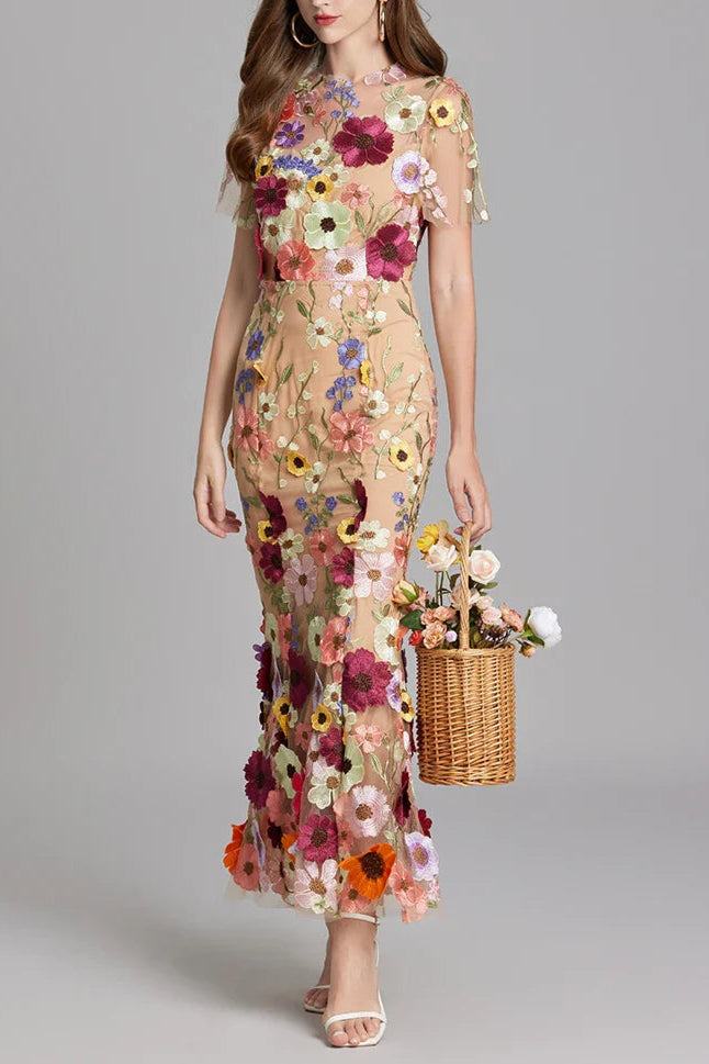 FLORAL EMBROIDERY MESH FISHTAIL MIDI DRESS BROWN