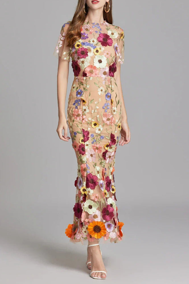 FLORAL EMBROIDERY MESH FISHTAIL MIDI DRESS BROWN