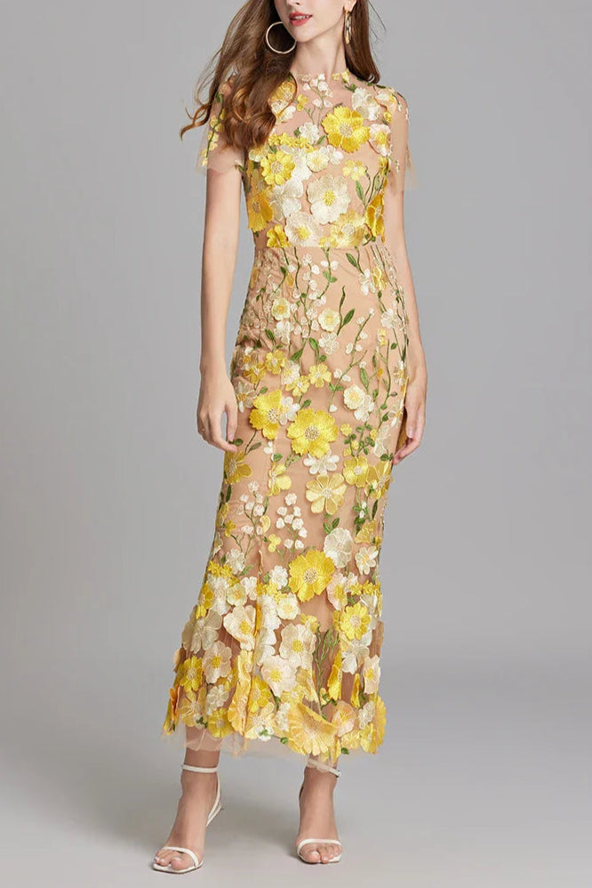 YELLOW FLORAL EMBROIDERY FISHTAIL MIDI DRESS