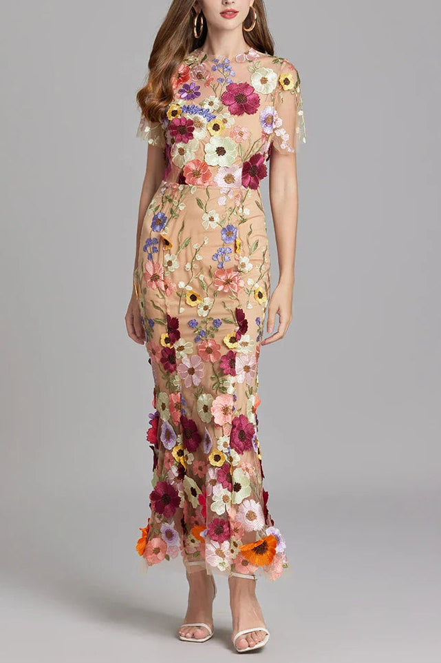 FLORAL EMBROIDERY MESH FISHTAIL MIDI DRESS BROWN