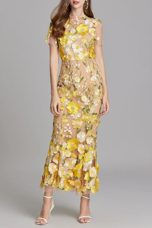 YELLOW FLORAL EMBROIDERY FISHTAIL MIDI DRESS