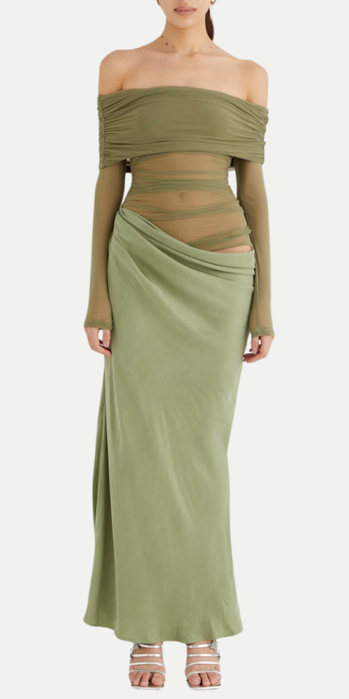 Enko Off Shoulder Ruched Mesh Maxi Dress - Green Enko Off Shoulder Ruched Mesh Maxi Dress - Green