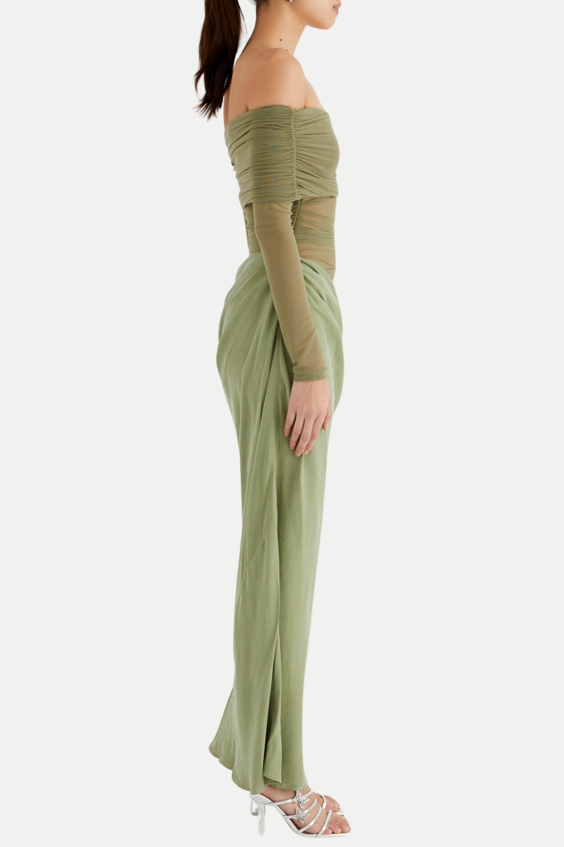 ENKO OFF-SHOULDER RUCHED MESH GREEN MAXI DRESS