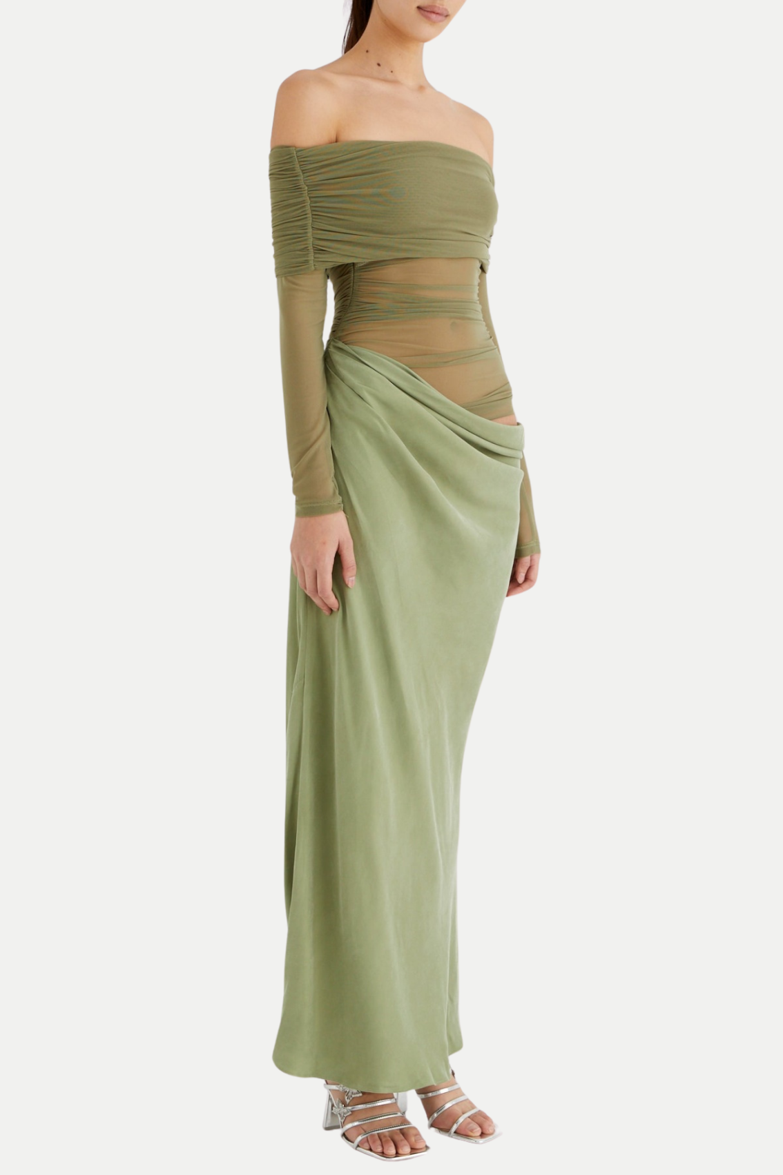 ENKO OFF-SHOULDER RUCHED MESH GREEN MAXI DRESS