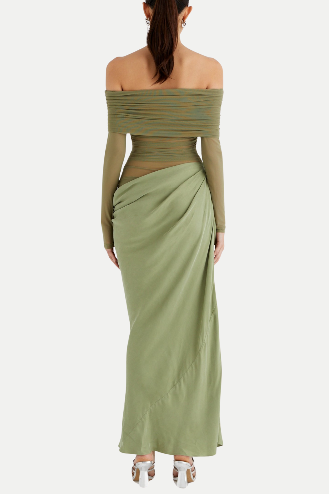 ENKO OFF-SHOULDER RUCHED MESH GREEN MAXI DRESS