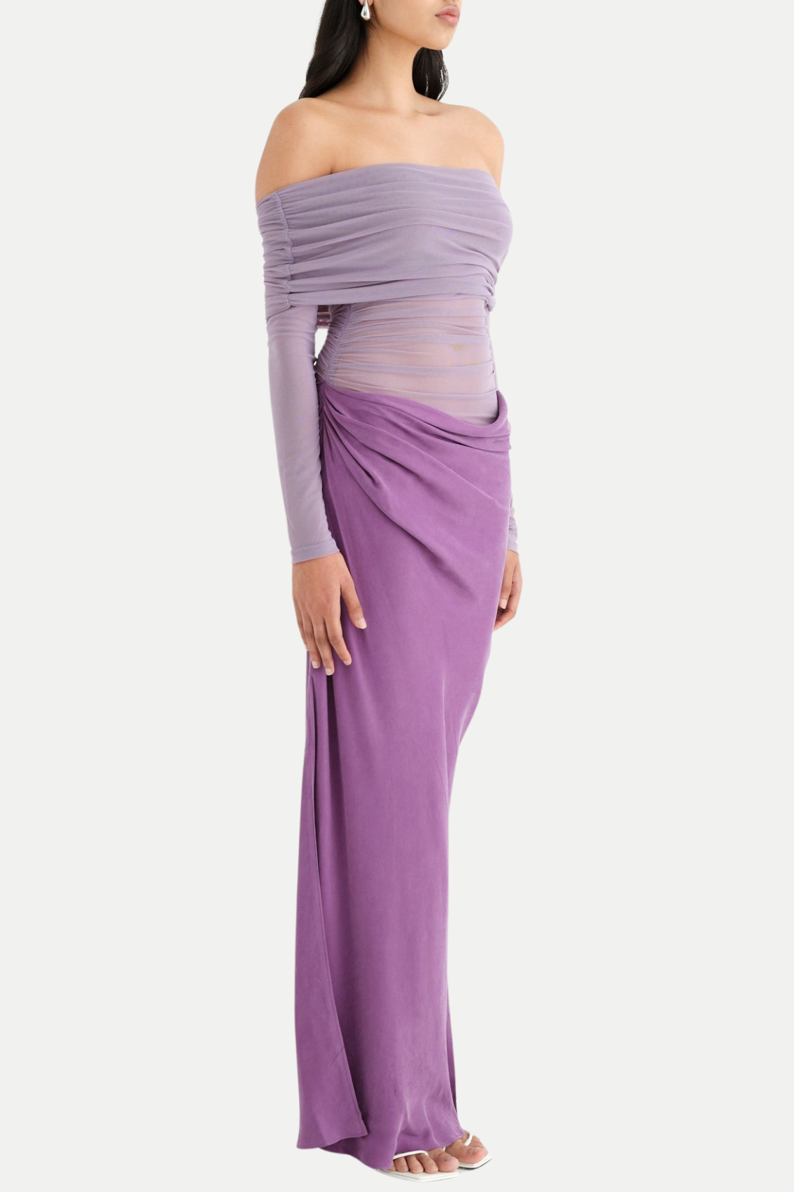 ENKO OFF-SHOULDER RUCHED MESH MAXI DRESS PURPLE