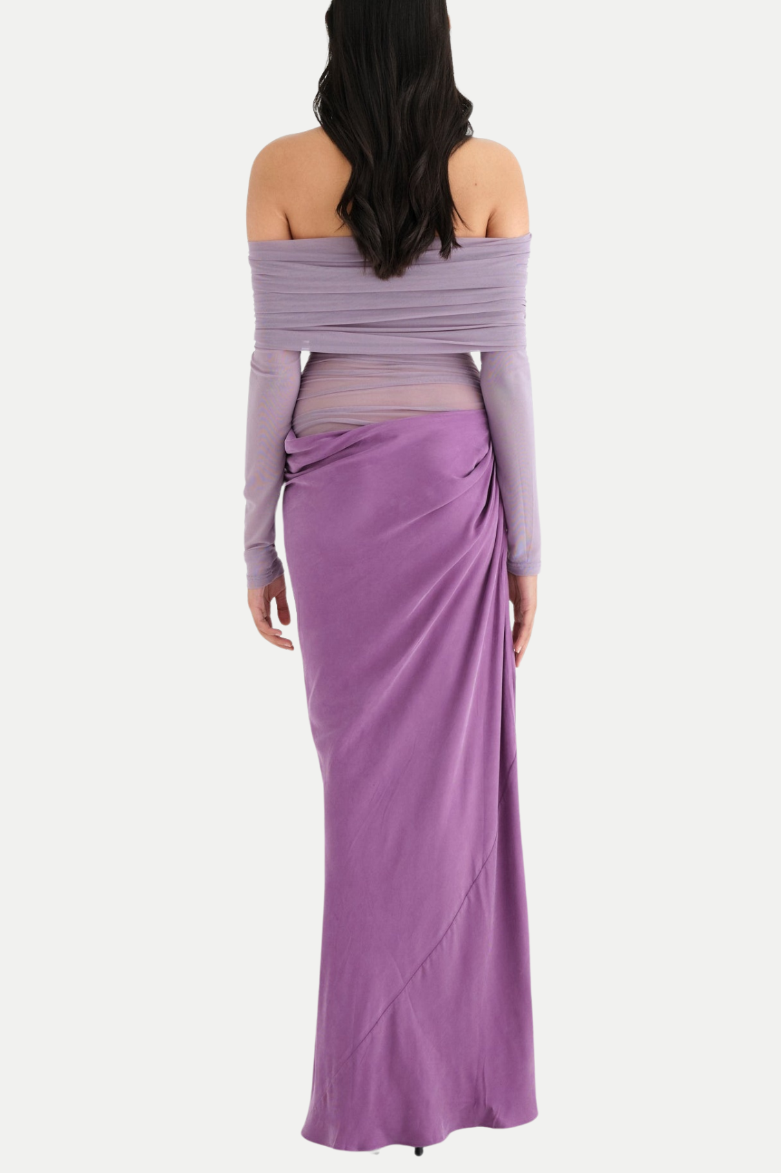 ENKO OFF-SHOULDER RUCHED MESH MAXI DRESS PURPLE