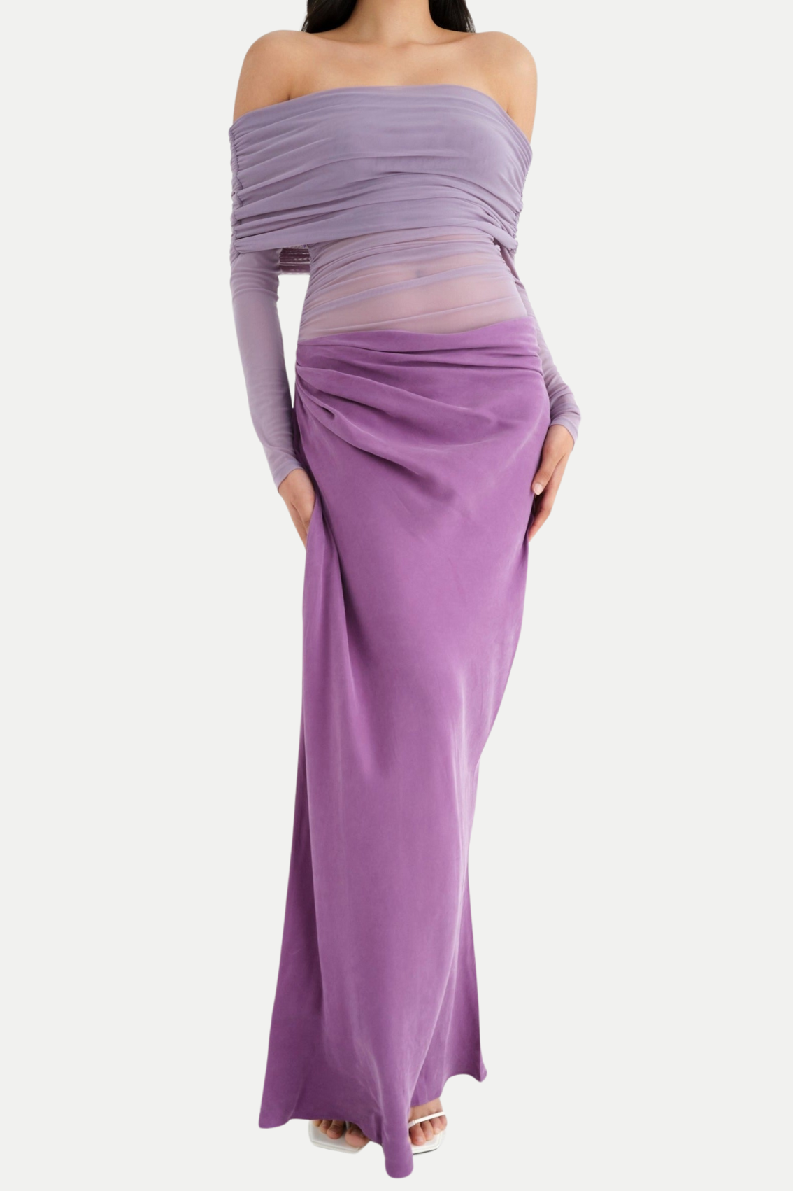 ENKO OFF-SHOULDER RUCHED MESH MAXI DRESS PURPLE