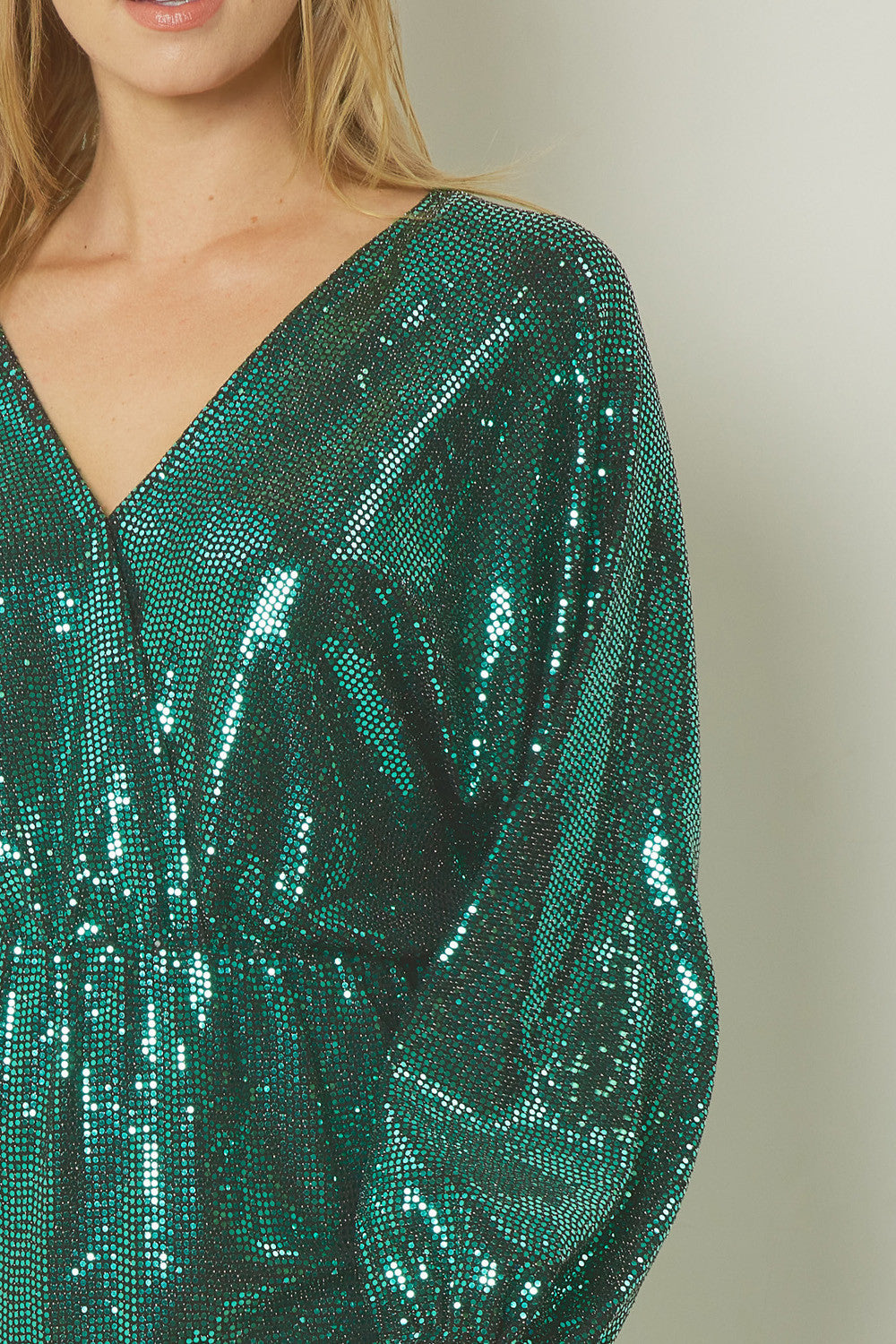 SHINY GREEN METALLIC LONG SLEEVE MINI PARTY DRESS