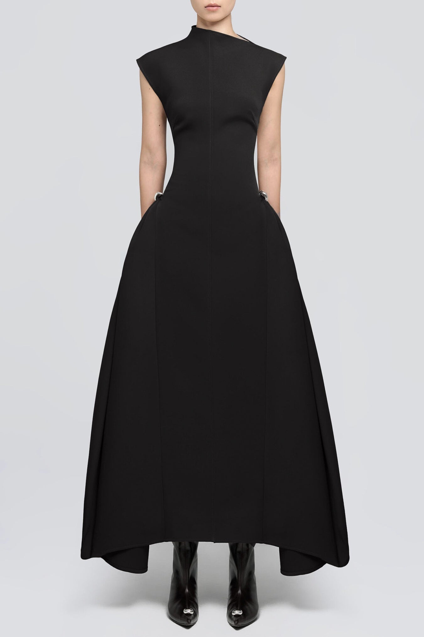 EorkoneSymmetricDrapesFlaredMidiDress-Black1 EORKONE FLARED MIDI DRESS - BLACK SYMMETRIC DRAPE