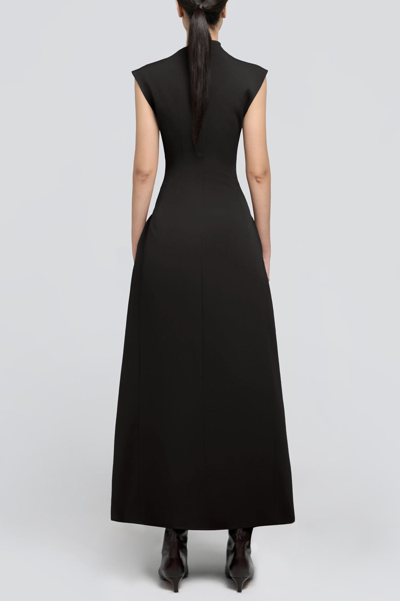 EORKONE FLARED MIDI DRESS - BLACK SYMMETRIC DRAPE
