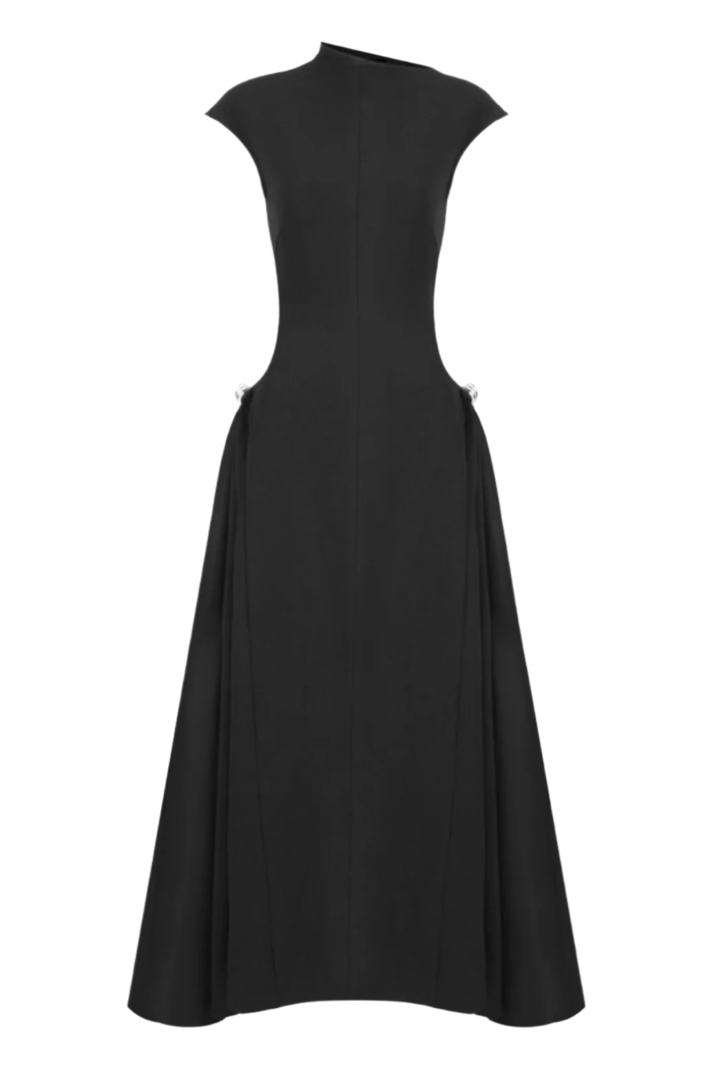 EORKONE FLARED MIDI DRESS - BLACK SYMMETRIC DRAPE