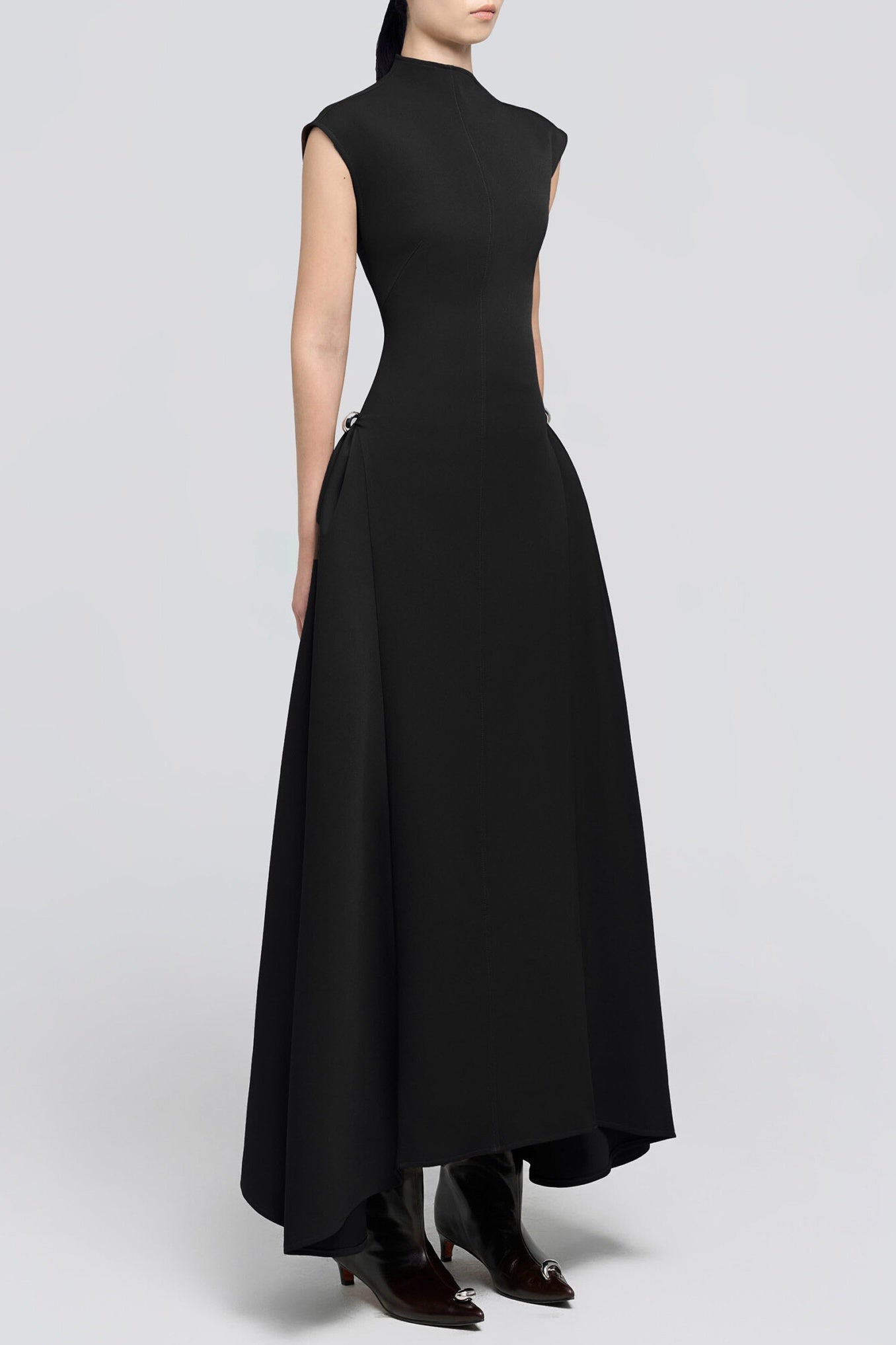 EORKONE FLARED MIDI DRESS - BLACK SYMMETRIC DRAPE